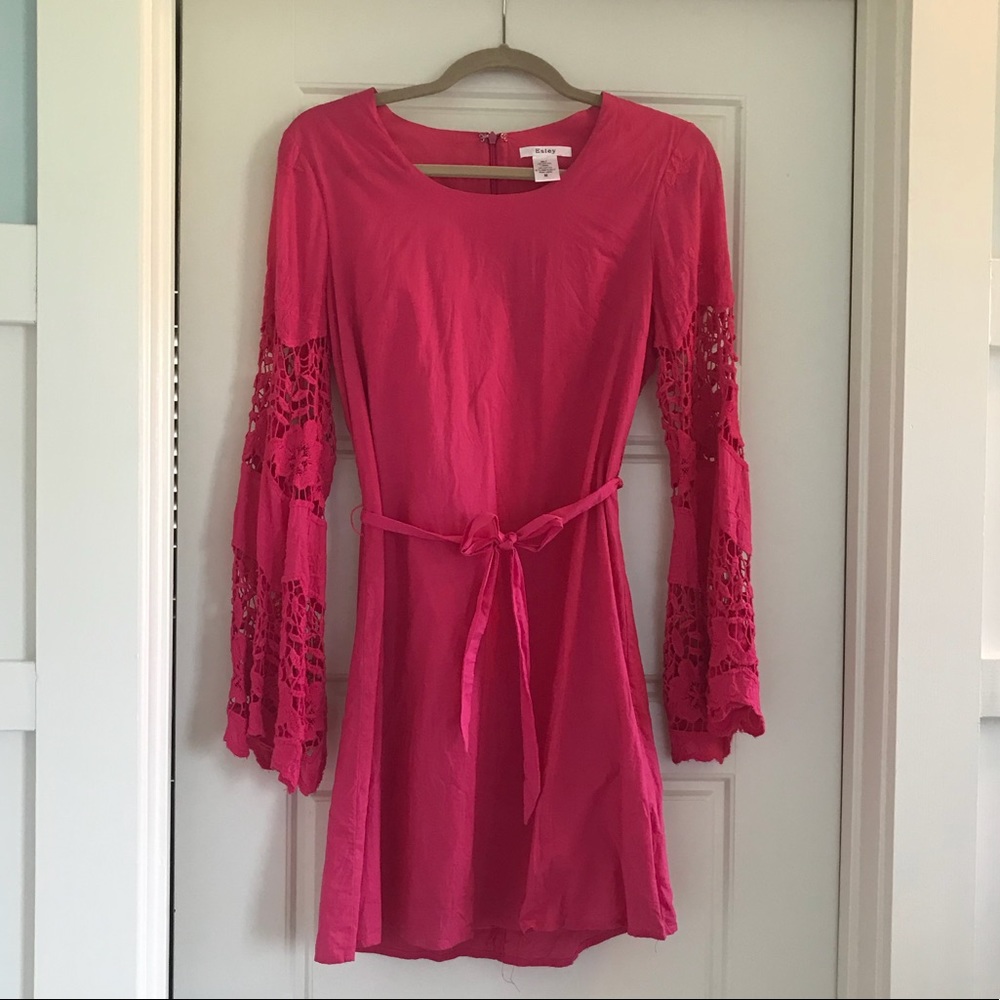 Pink Linen Dress with Crocheted Sleeves
